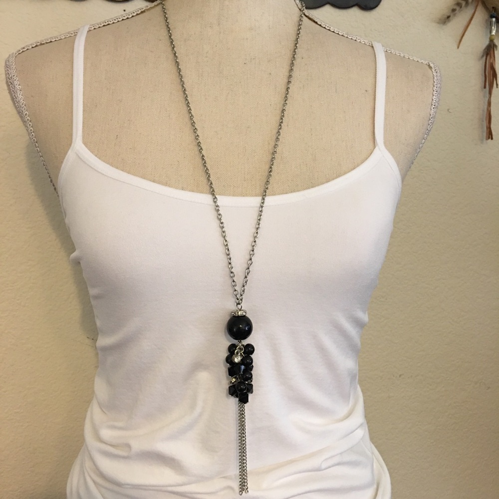 Vintage black beaded rhinestone dangle necklace